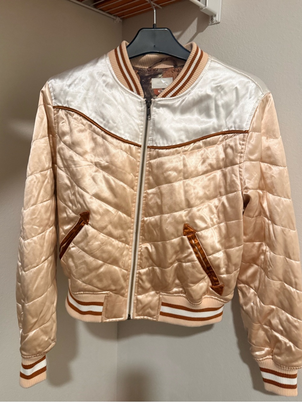 MOTHER Satin Quilted Bomber Jacket in Blush and Cream